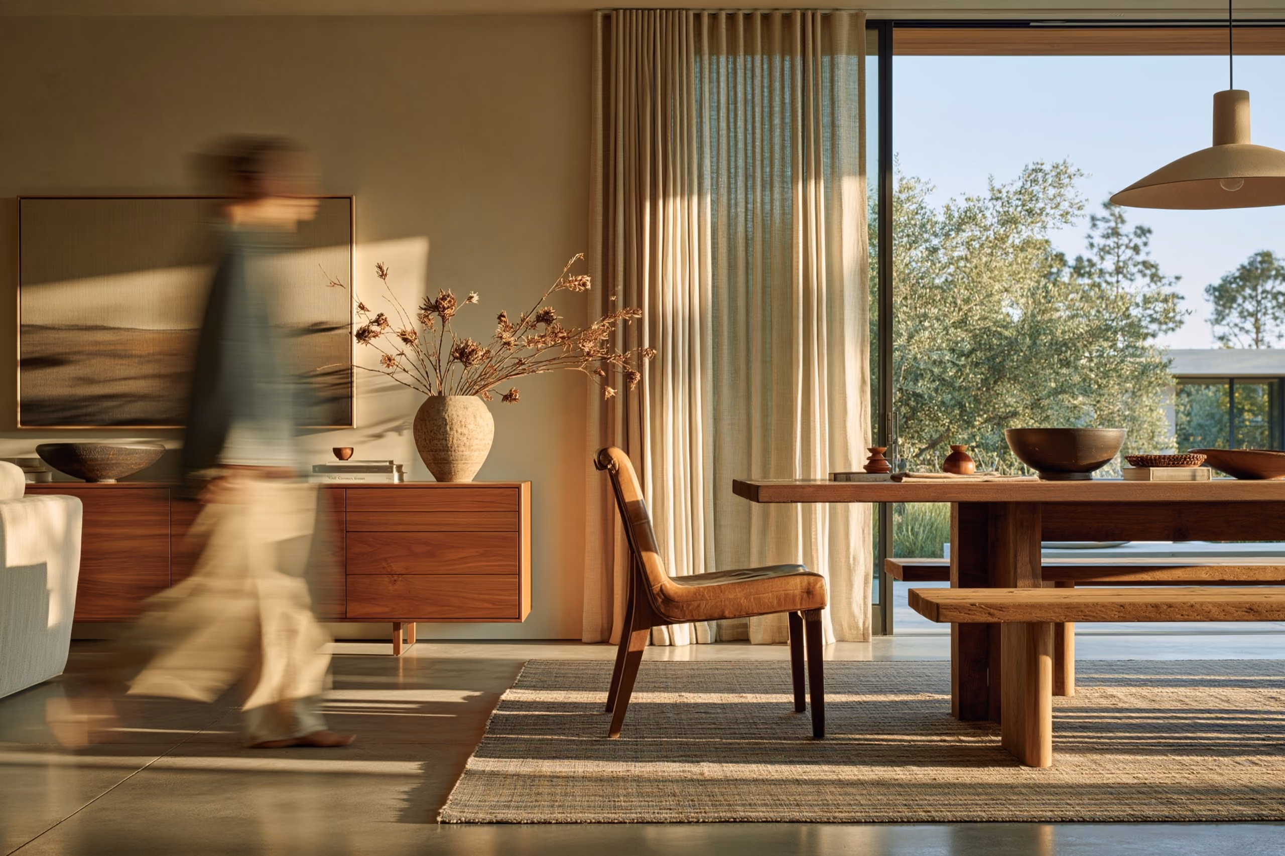 Editorial-modern dining room with a walnut credenza and soft linen drape — the caliber of finished space a solo interior designer can specify once trade accounts are live.