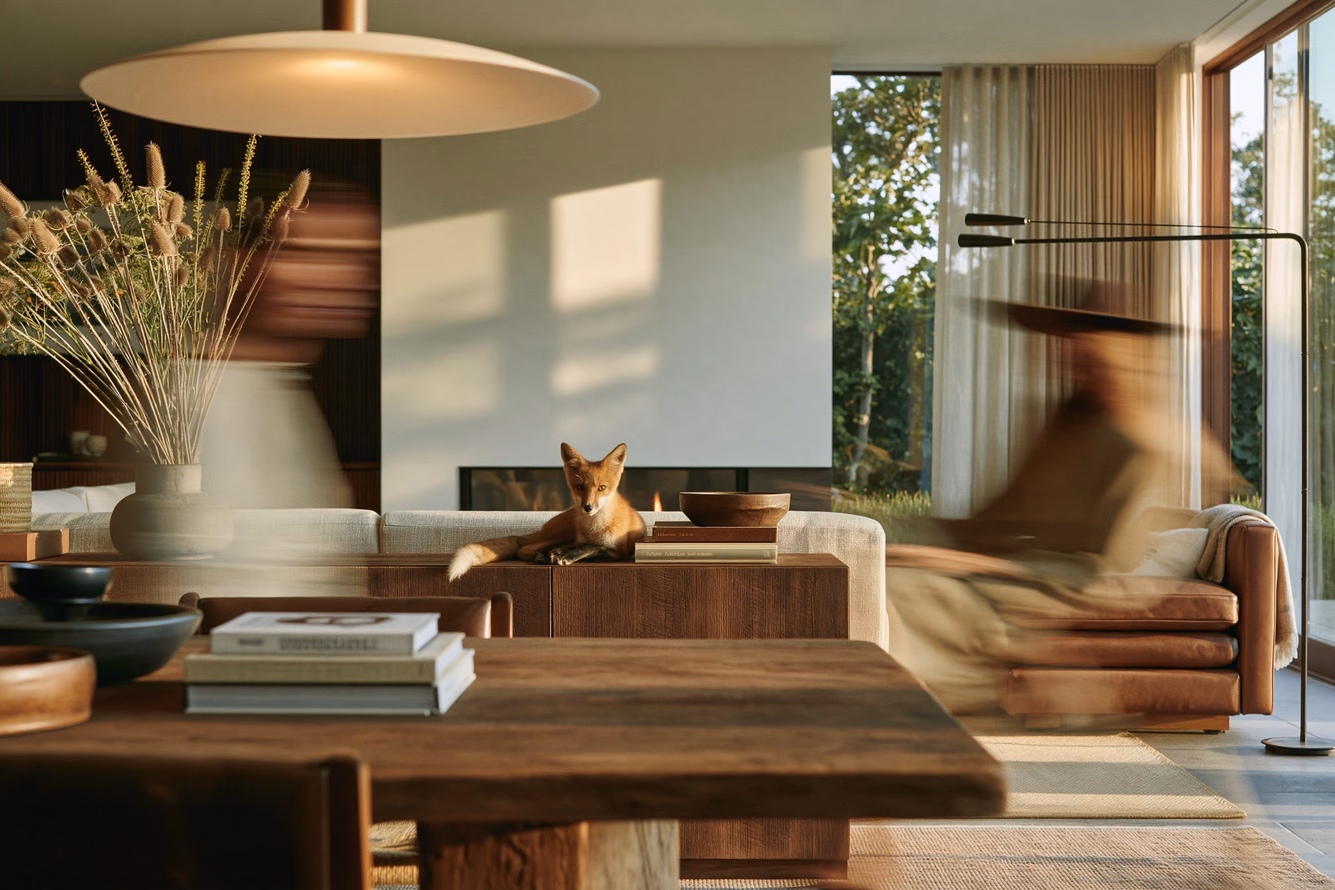 Moody golden-hour living room with fireplace surround, angular ceiling planes, and pampas grass — the kind of orthogonal architectural geometry diffusion-based AI renders routinely distort.