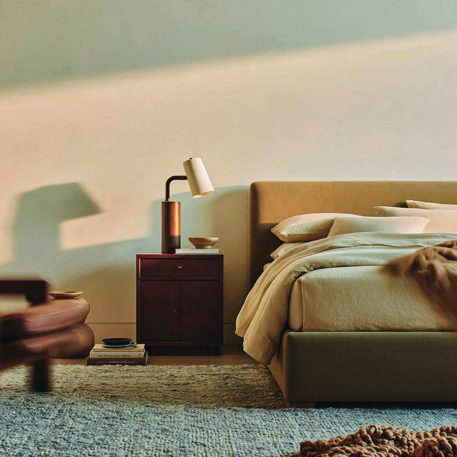 A bedroom with exposed beams and a low platform bed